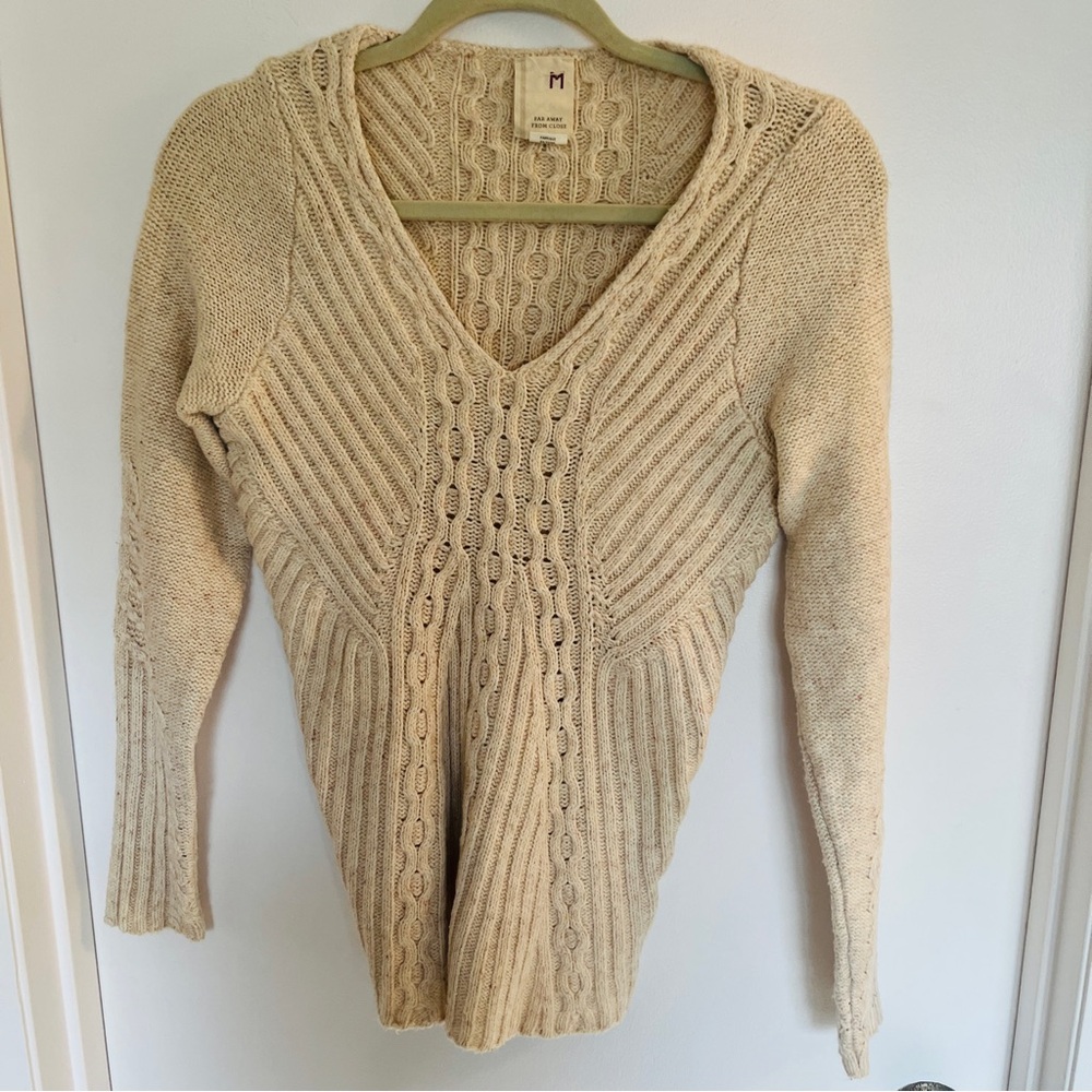 Anthropologie Far Away From Close, Vintage Cozy Fall, Cream V-Neck Sweater, M